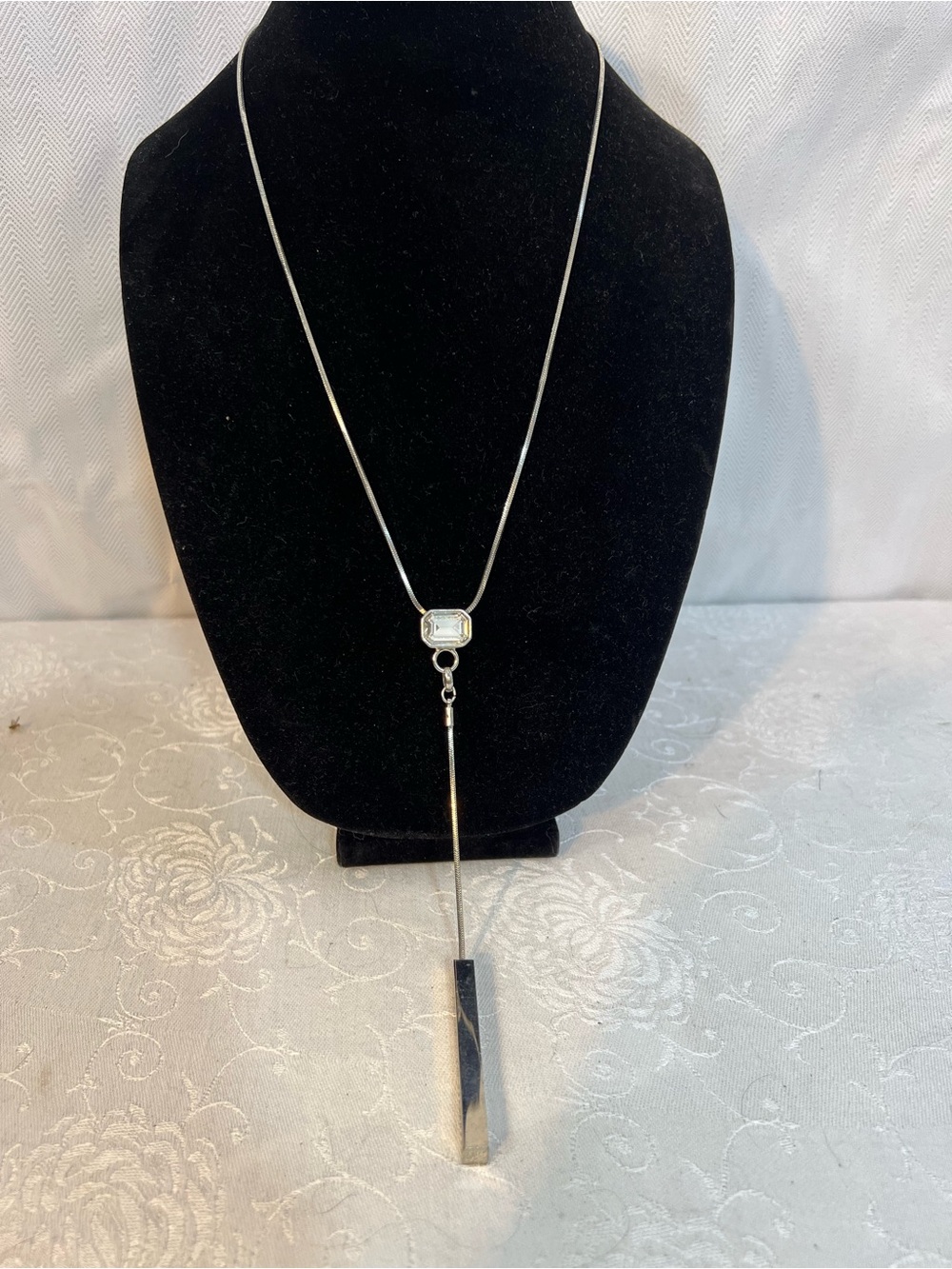 White House Black Market Necklace Silver Tone Delicate Chain Clear Stone Drop
